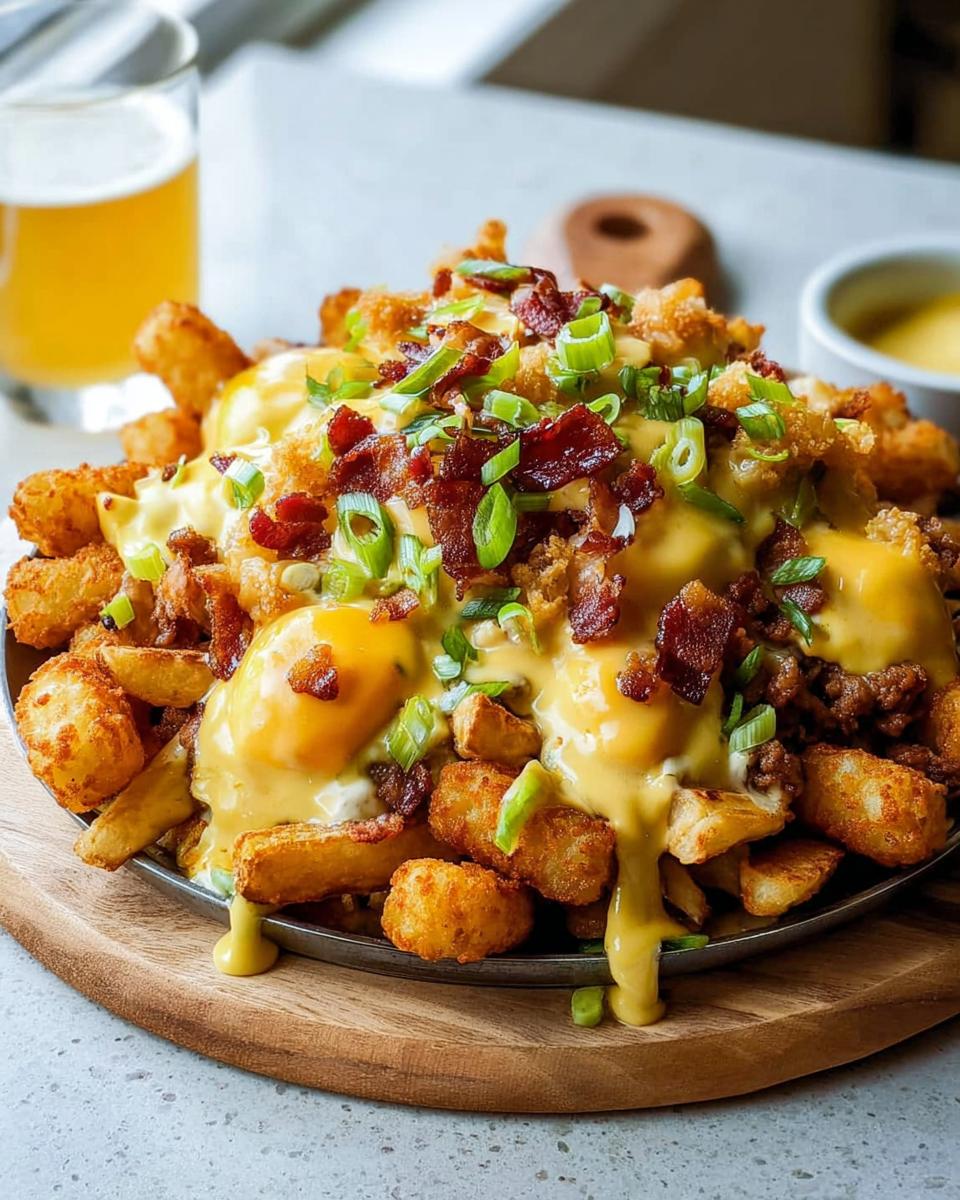 A close-up of Ultimate Breakfast Poutine topped with crispy bacon, green onions, and creamy hollandaise sauce.
