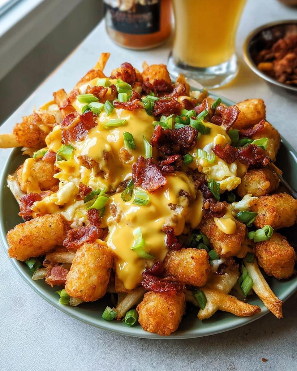 A plate of Ultimate Breakfast Poutine topped with crispy tater tots, french fries, scrambled eggs, bacon, green onions, and creamy hollandaise sauce.