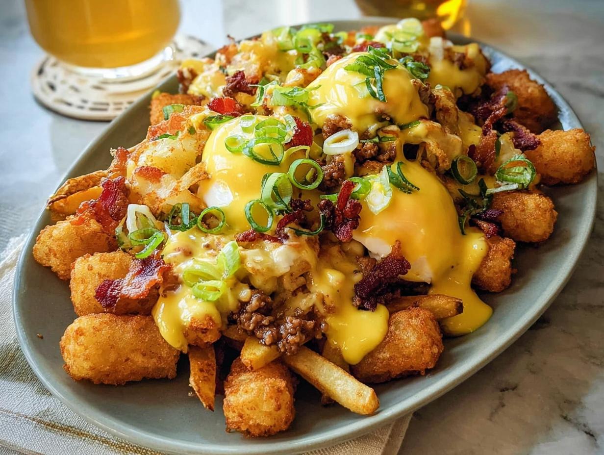 A plate of Ultimate Breakfast Poutine topped with creamy hollandaise sauce, poached eggs, bacon, and green onions.