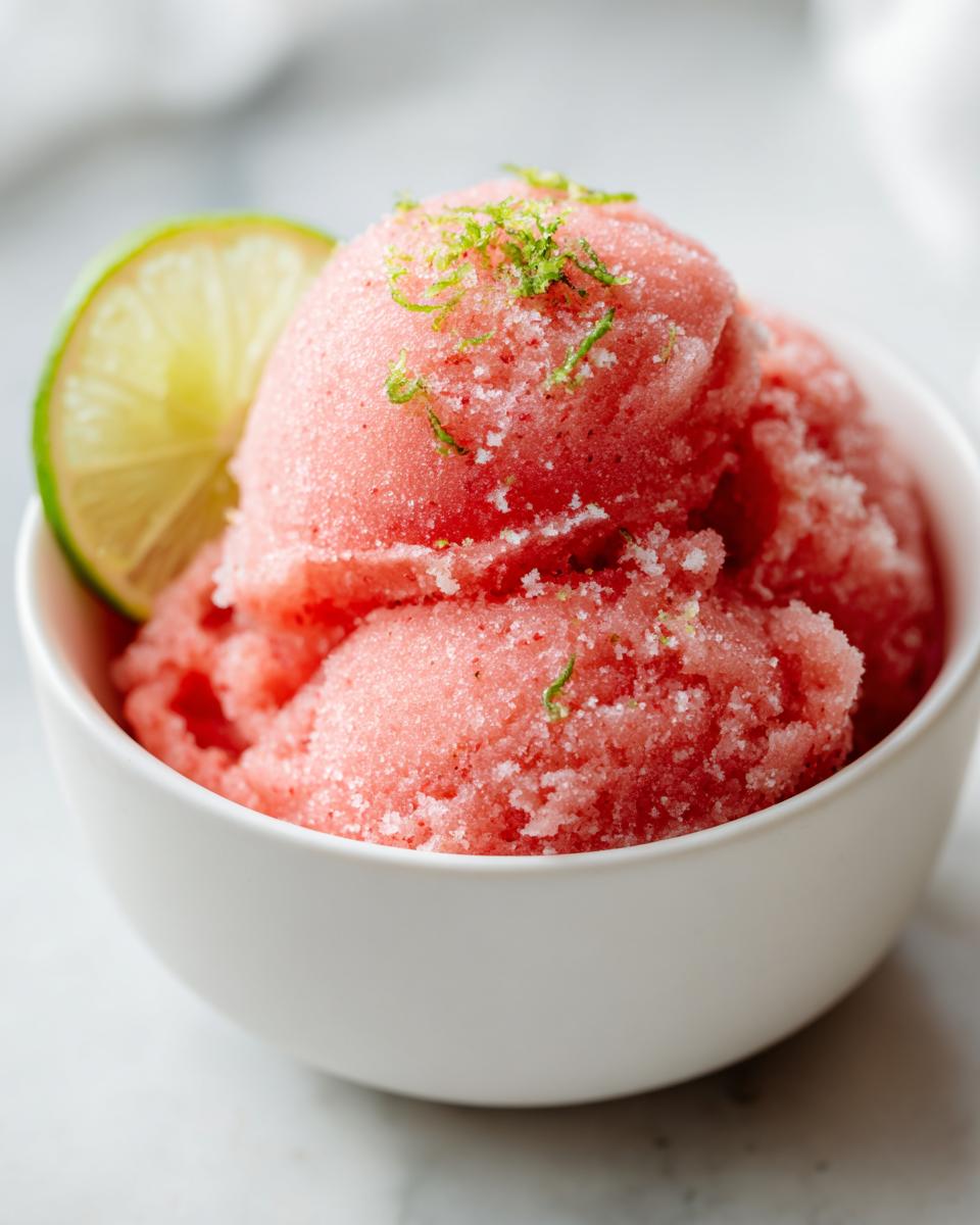 A bowl of refreshing 3-ingredient watermelon sorbet, garnished with lime zest and a lime slice.