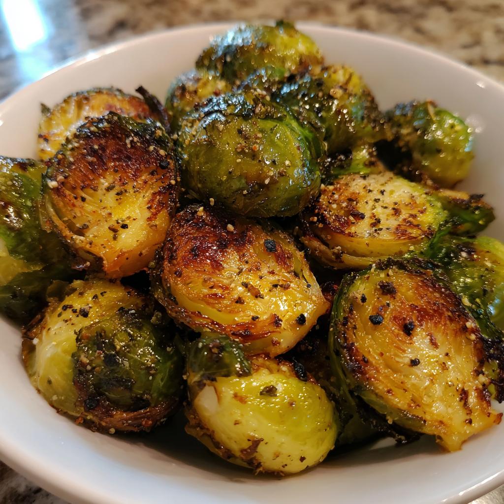Close-up of perfectly crisp and caramelized air fryer brussels sprouts seasoned with pepper and spices.