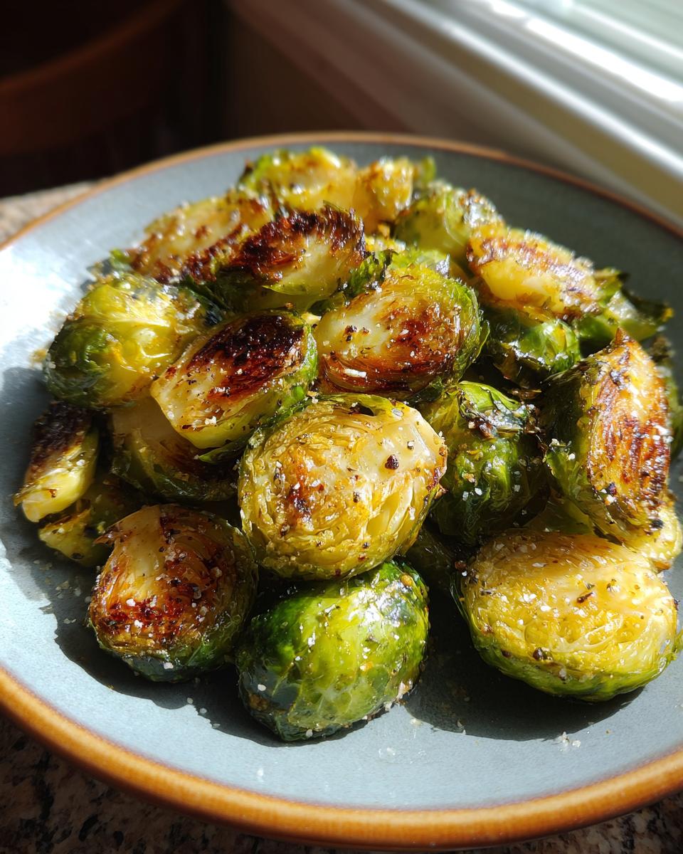 A close-up of perfectly crisp and caramelized air fryer brussels sprouts seasoned with salt and pepper.