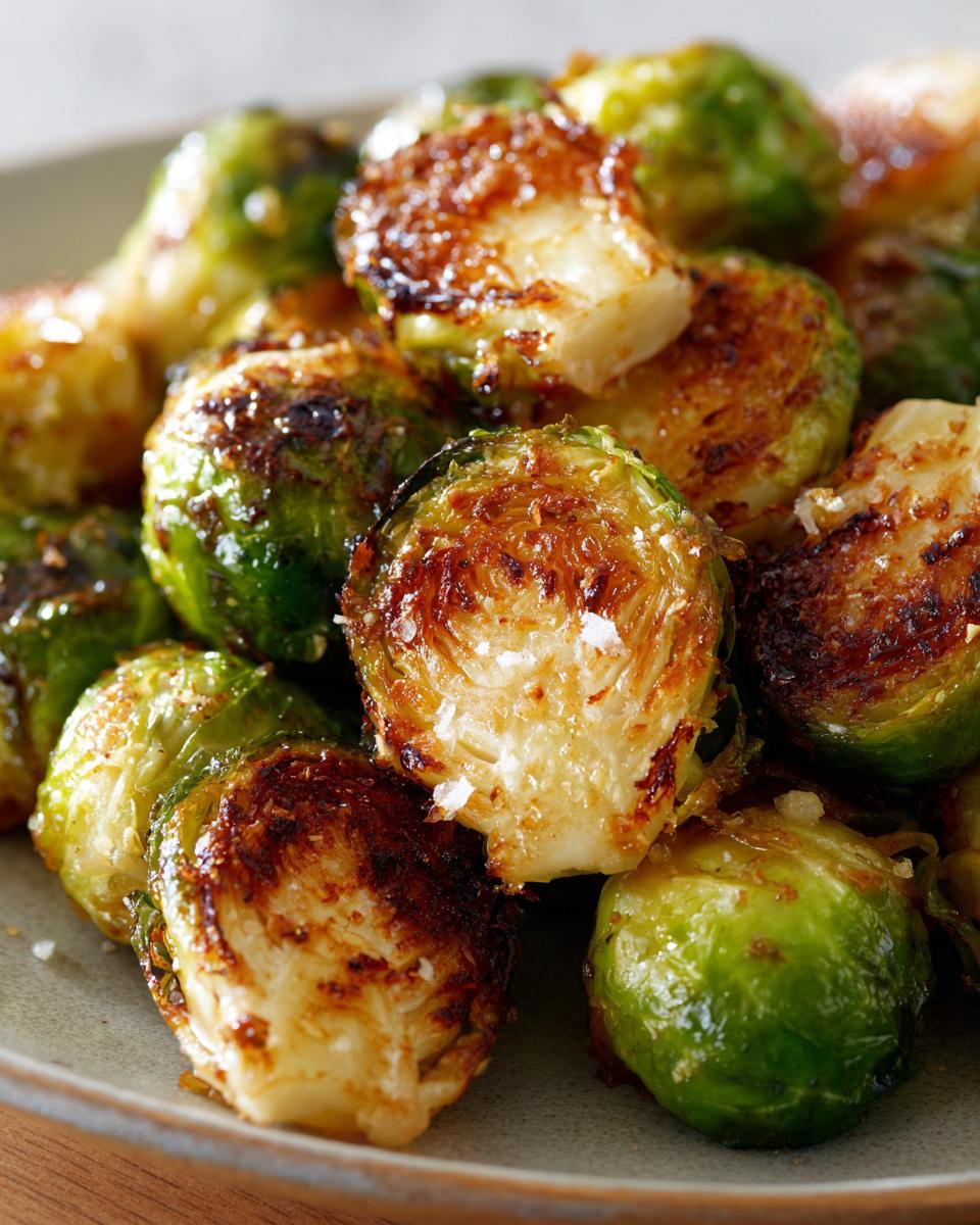 Close-up of air fryer brussels sprouts, perfectly crisp and caramelized with visible salt flakes.