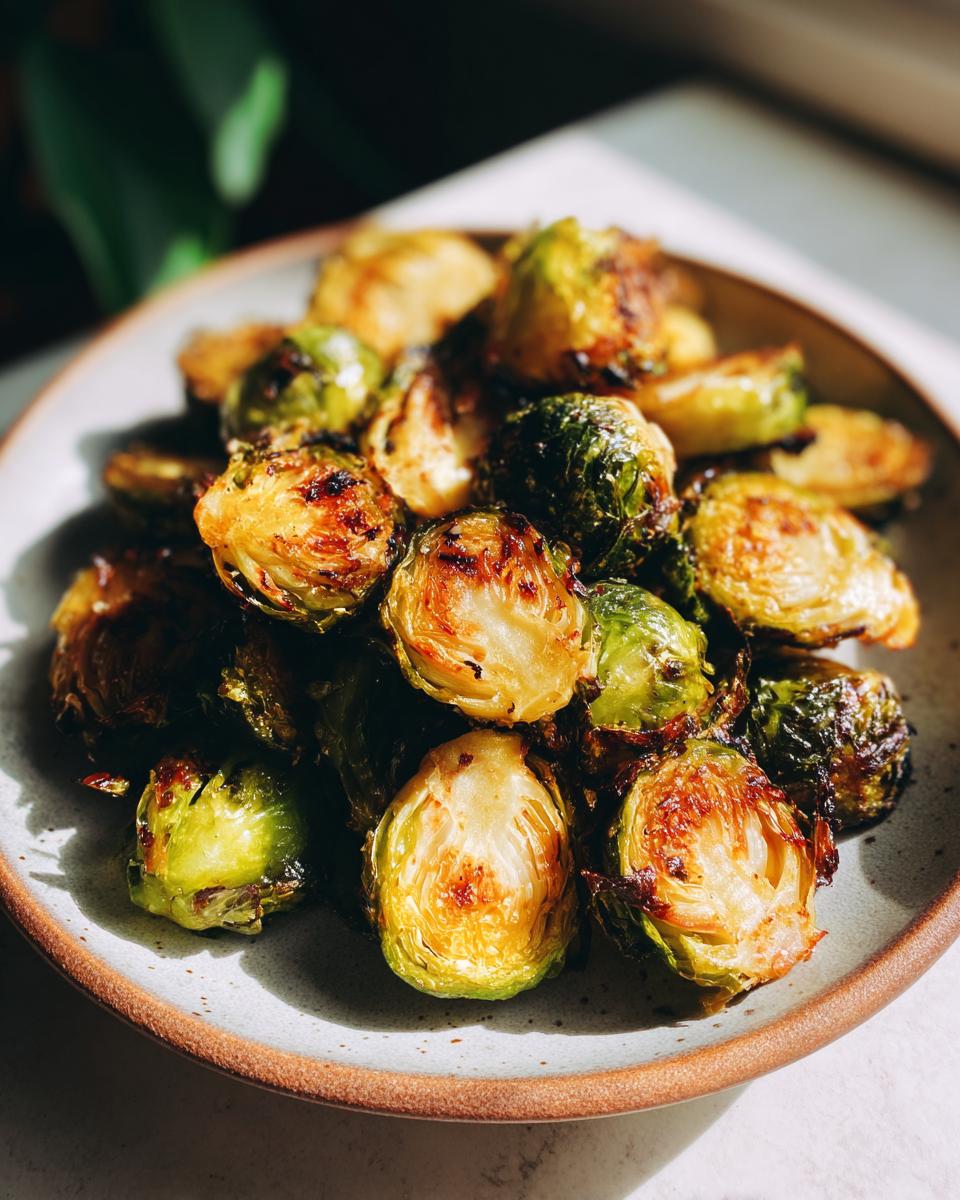 A close-up of perfectly crisp and caramelized Brussels sprouts cooked in an air fryer, served on a rustic plate.