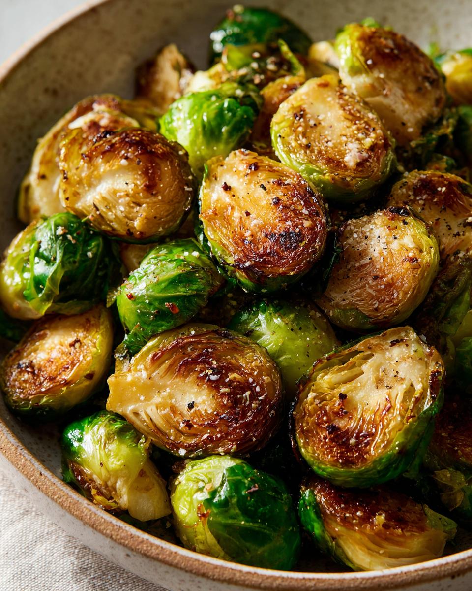 Close-up of perfectly crisp and caramelized air fryer Brussels sprouts, seasoned with salt and pepper.