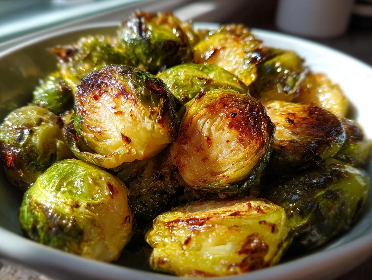 Close-up of perfectly air-fried Brussels sprouts, showing their crisp, caramelized edges and vibrant green color.