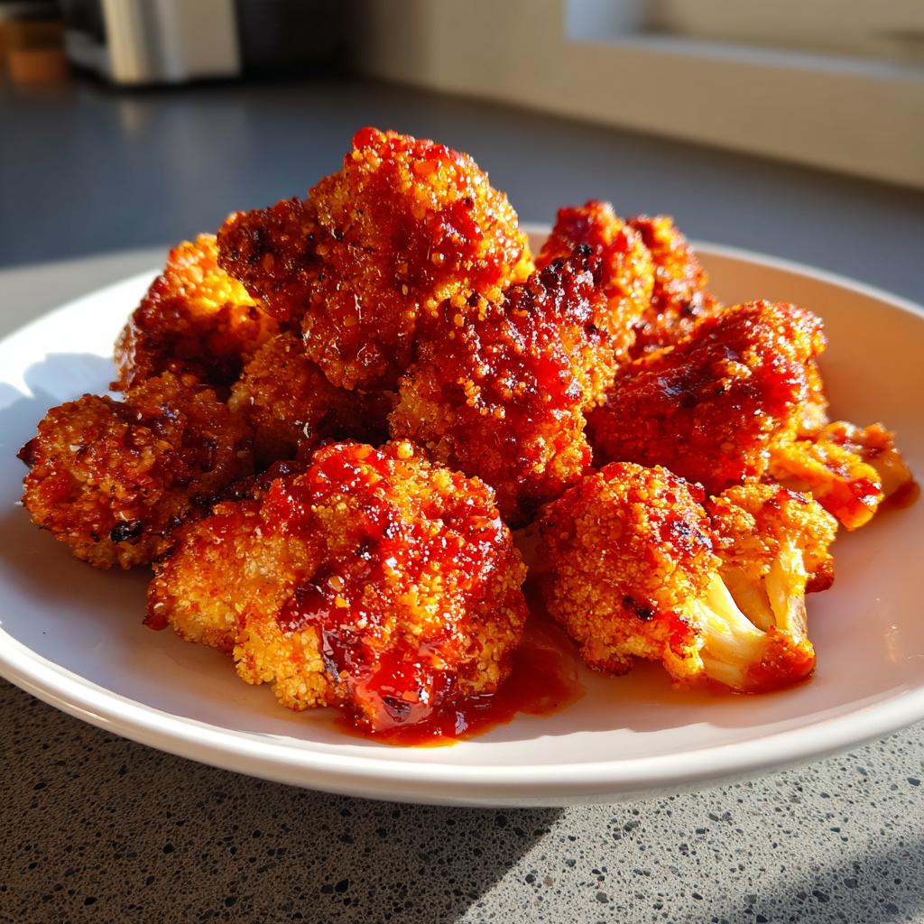 Crispy air fryer buffalo cauliflower florets coated in a spicy red sauce, served on a white plate.