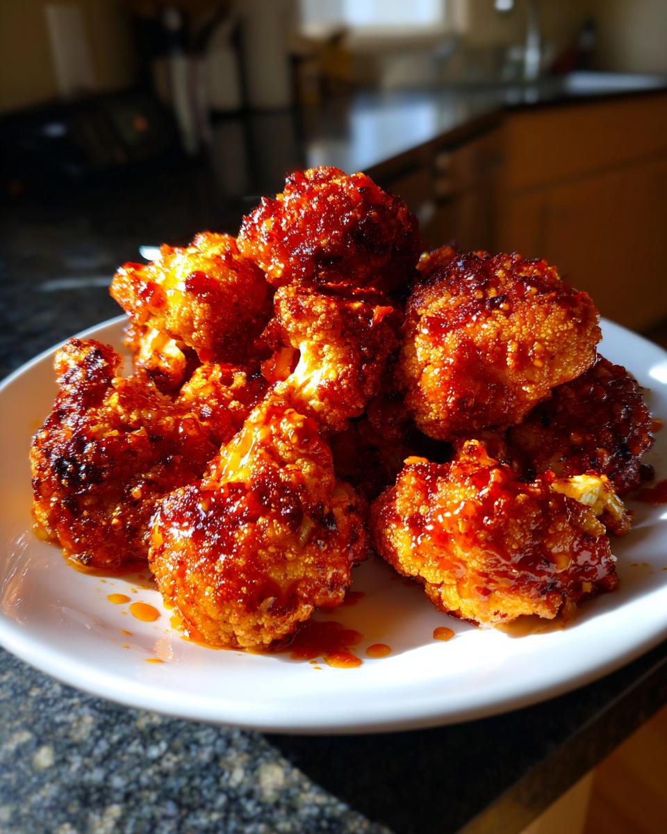 A pile of crispy, golden-brown air fryer buffalo cauliflower florets coated in a glossy, spicy sauce on a white plate.
