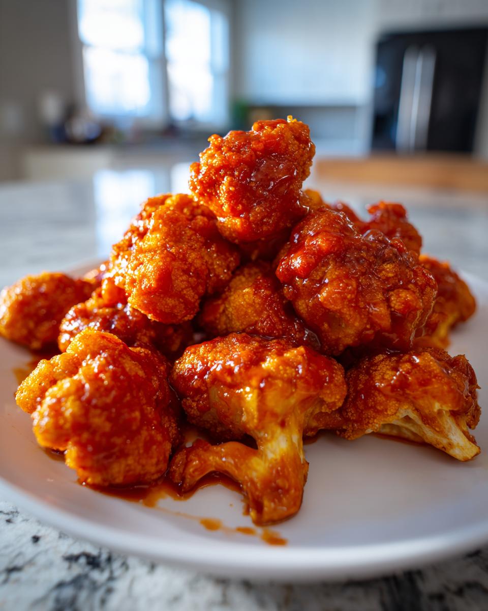 A pile of crispy air fryer buffalo cauliflower florets coated in a vibrant red sauce on a white plate.