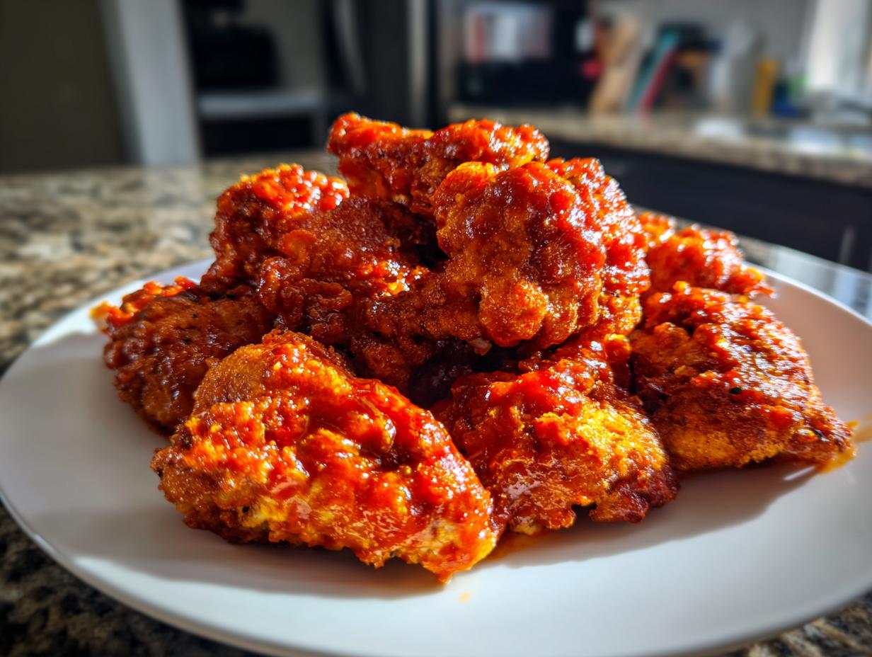 A pile of crispy, golden-brown buffalo cauliflower florets coated in a vibrant red buffalo sauce, ready to be enjoyed.