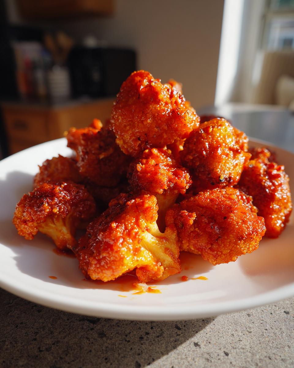 A pile of crispy air fryer buffalo cauliflower florets coated in a vibrant red sauce on a white plate.