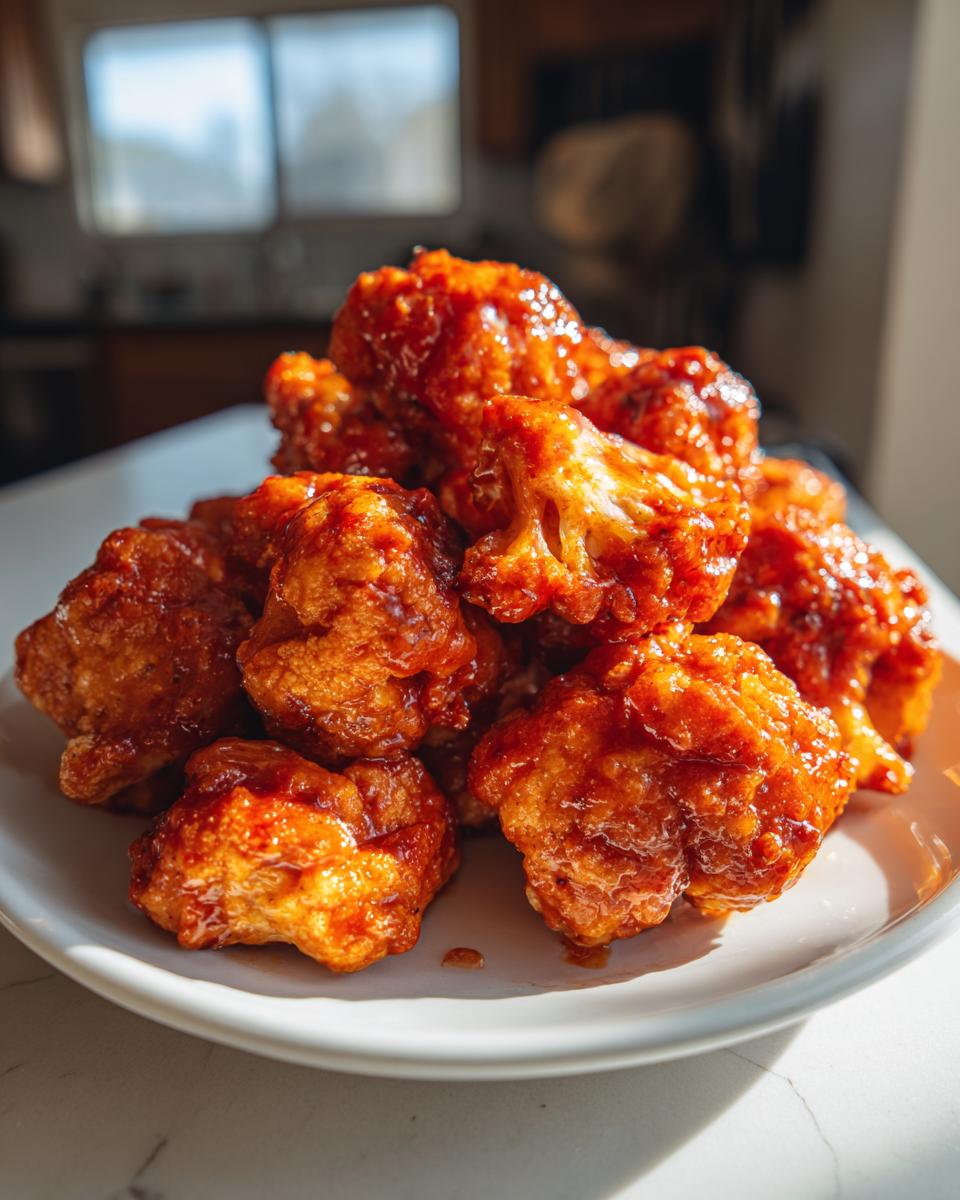 Close-up of crispy air fryer buffalo cauliflower bites coated in a glossy, spicy sauce.