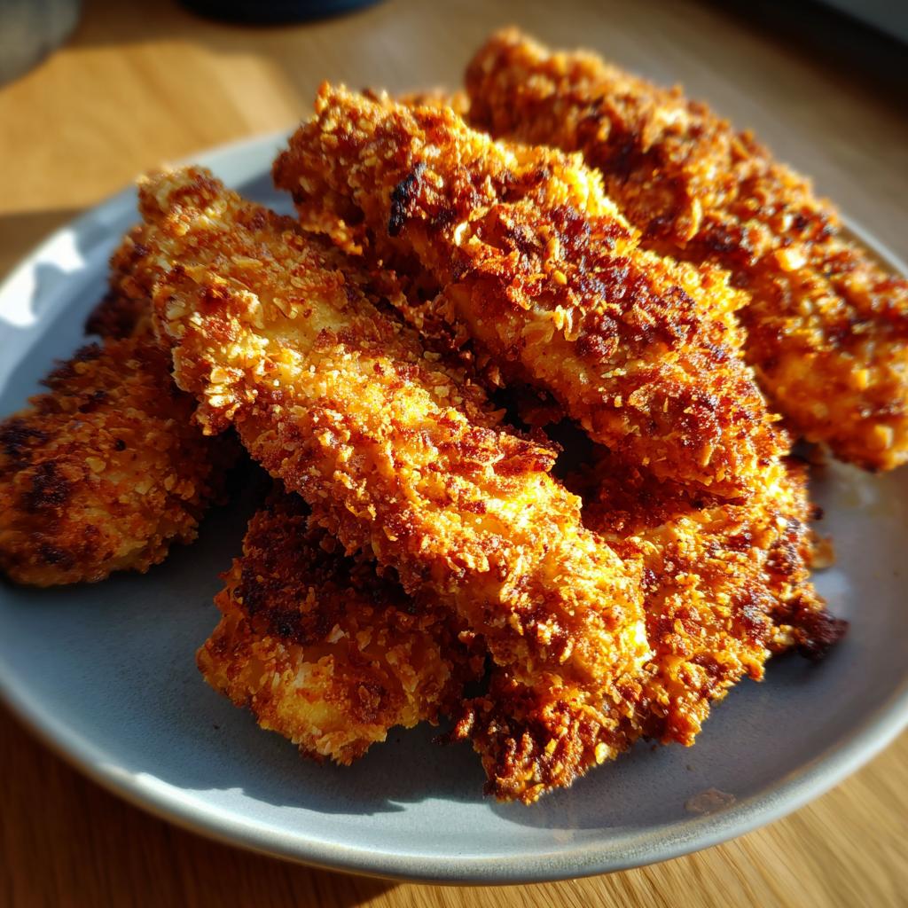 A plate full of golden brown, crispy chicken tenders made in an air fryer.