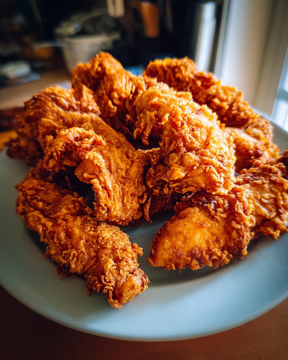 A plate piled high with golden-brown, crispy chicken tenders made in the air fryer.