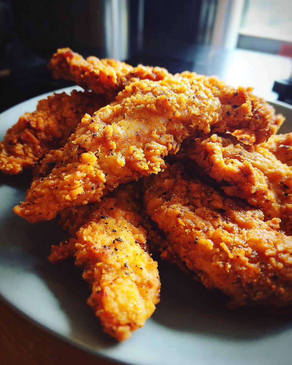 A close-up shot of a pile of golden-brown, crispy chicken tenders on a light blue plate, seasoned with black pepper.