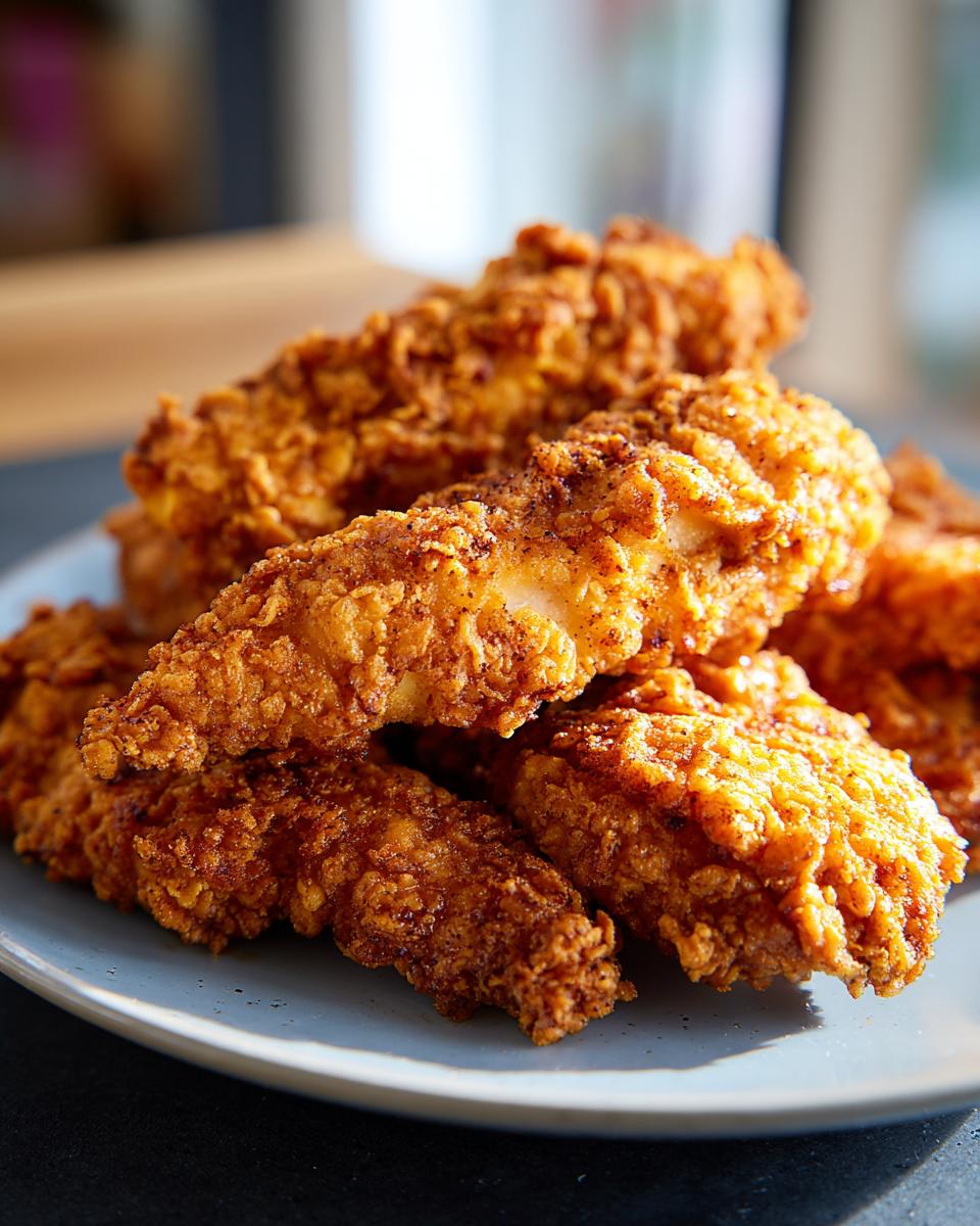 A close-up of golden-brown, crispy chicken tenders piled on a light blue plate, perfect for air fryer recipes.
