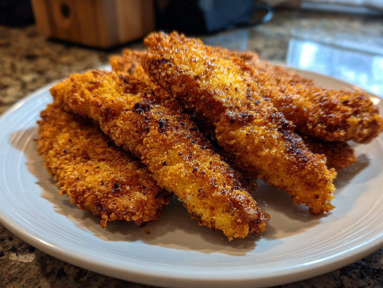A pile of golden brown, crispy chicken tenders made in an air fryer, served on a light blue plate.