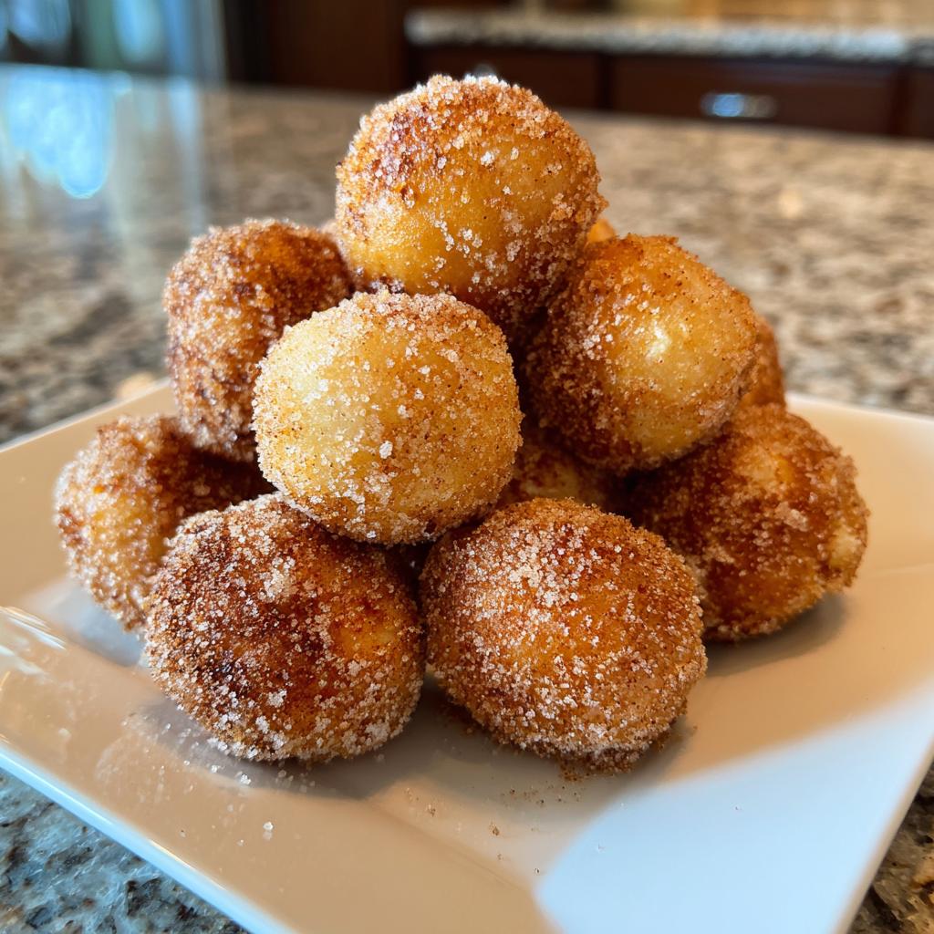 A pile of golden brown air fryer donut holes coated in cinnamon sugar on a white plate.