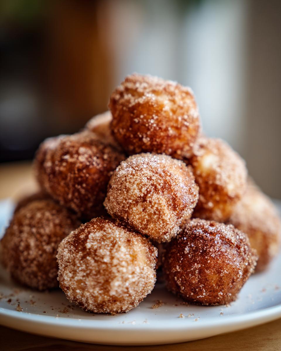 A stack of golden brown air fryer donut holes coated in cinnamon sugar.