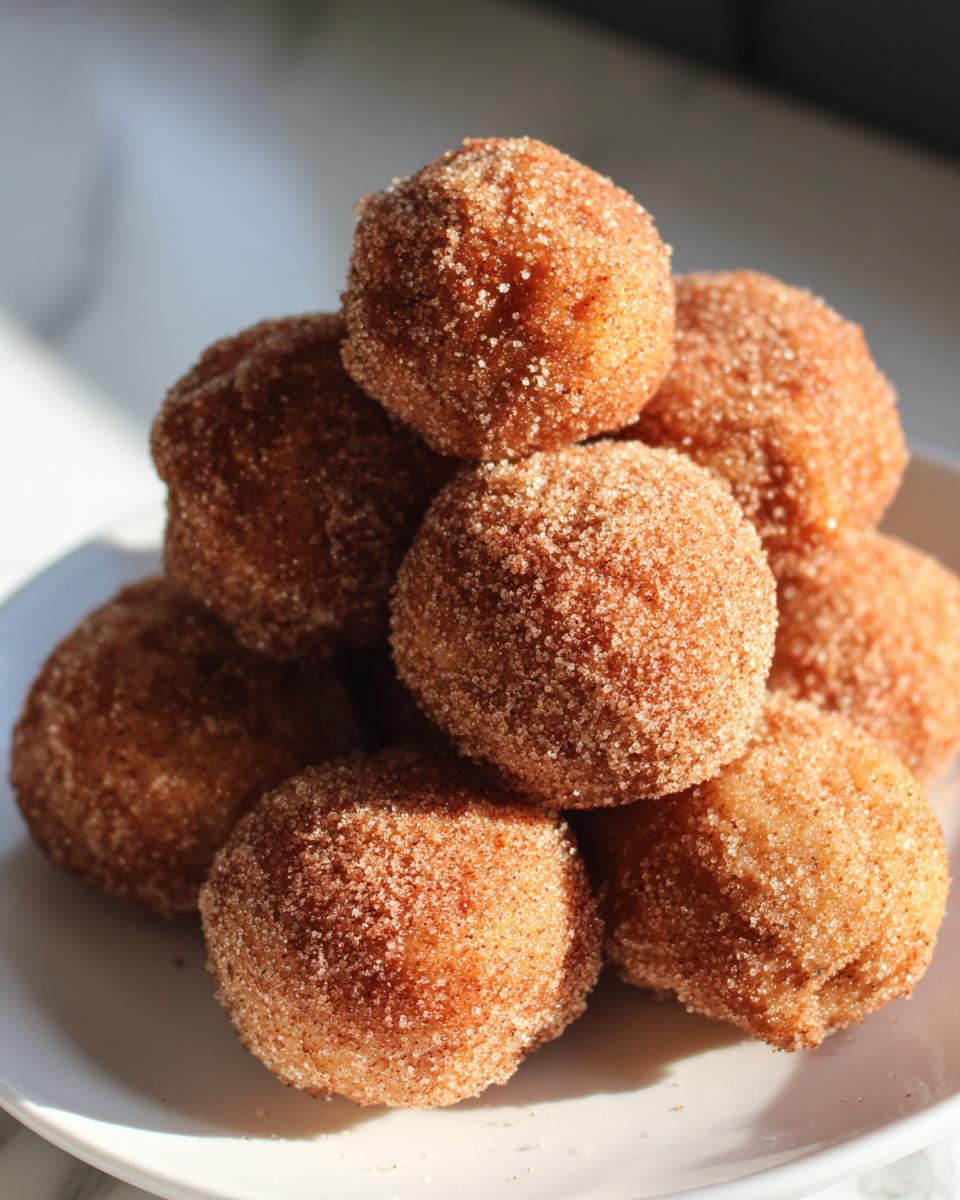 A pile of freshly made air fryer donut holes coated in cinnamon sugar.