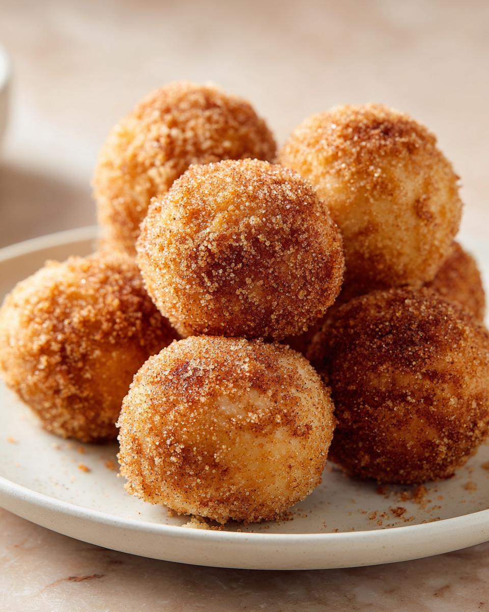 A pile of golden brown air fryer donut holes coated in cinnamon sugar on a white plate.