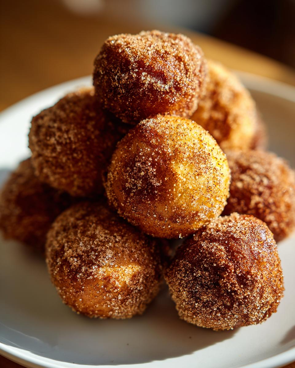 A close-up of a pile of freshly made air fryer donut holes coated in cinnamon sugar.