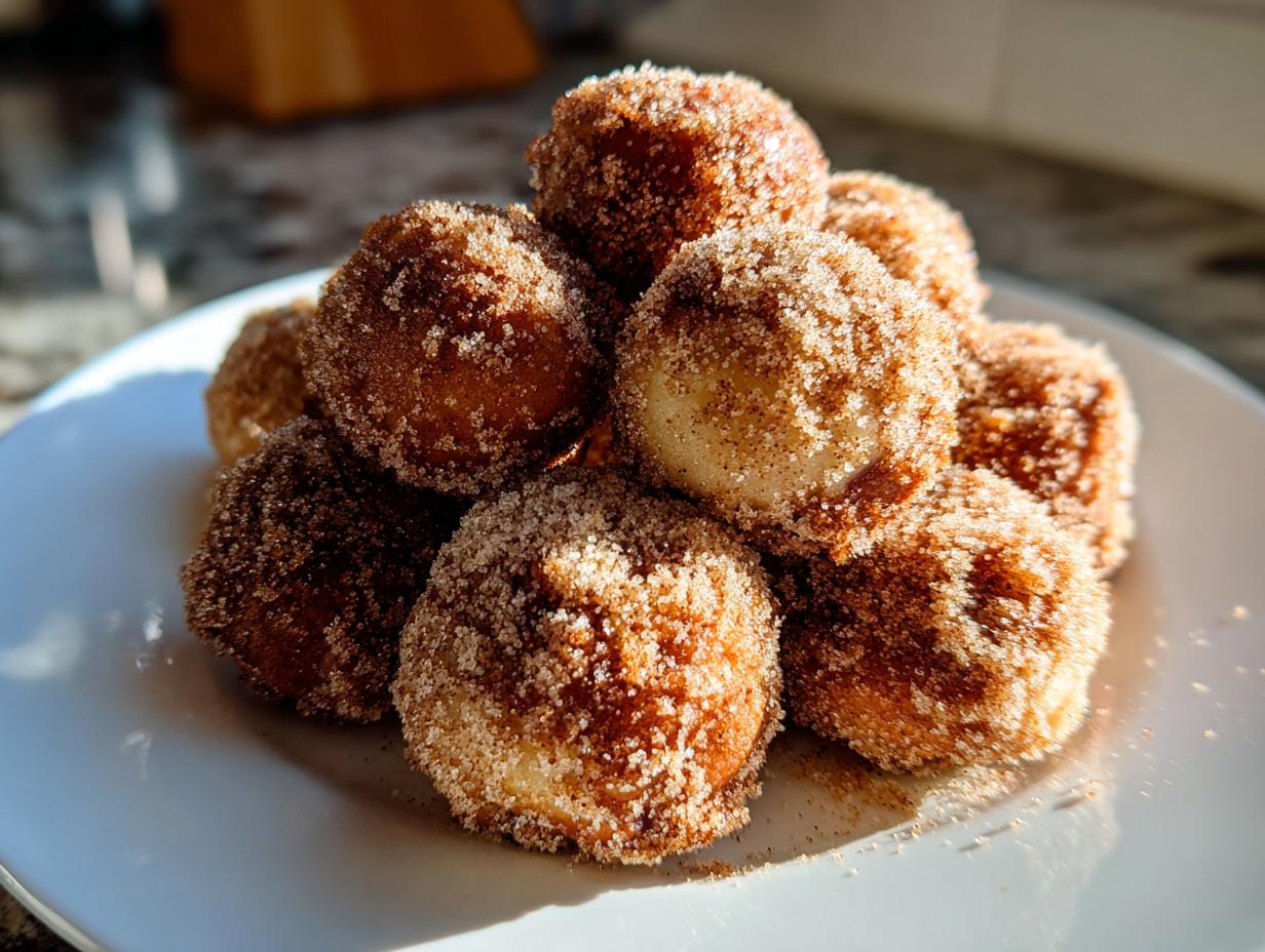 A pile of golden brown air fryer donut holes coated in cinnamon sugar on a white plate.