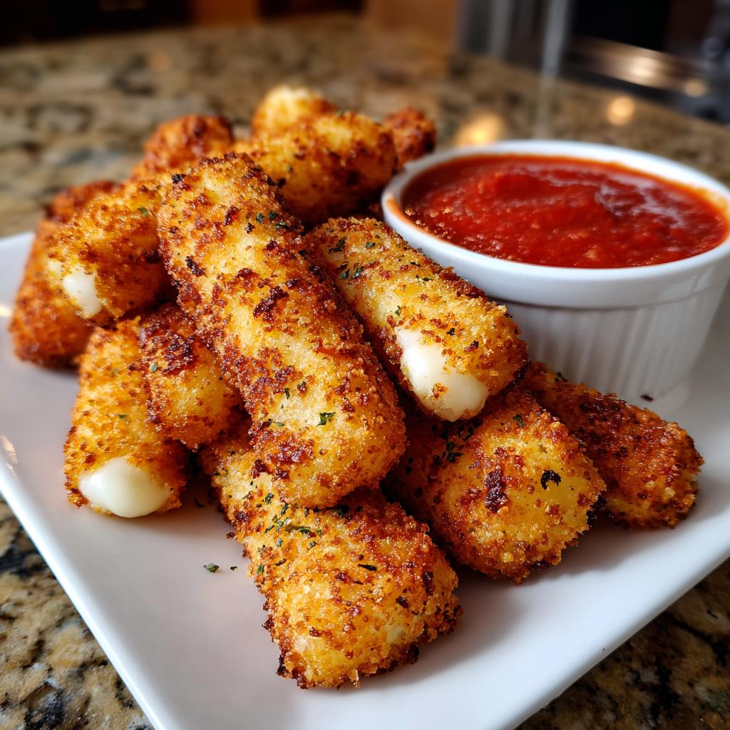 A pile of golden-brown, crispy air fryer mozzarella sticks served with a side of marinara dipping sauce.