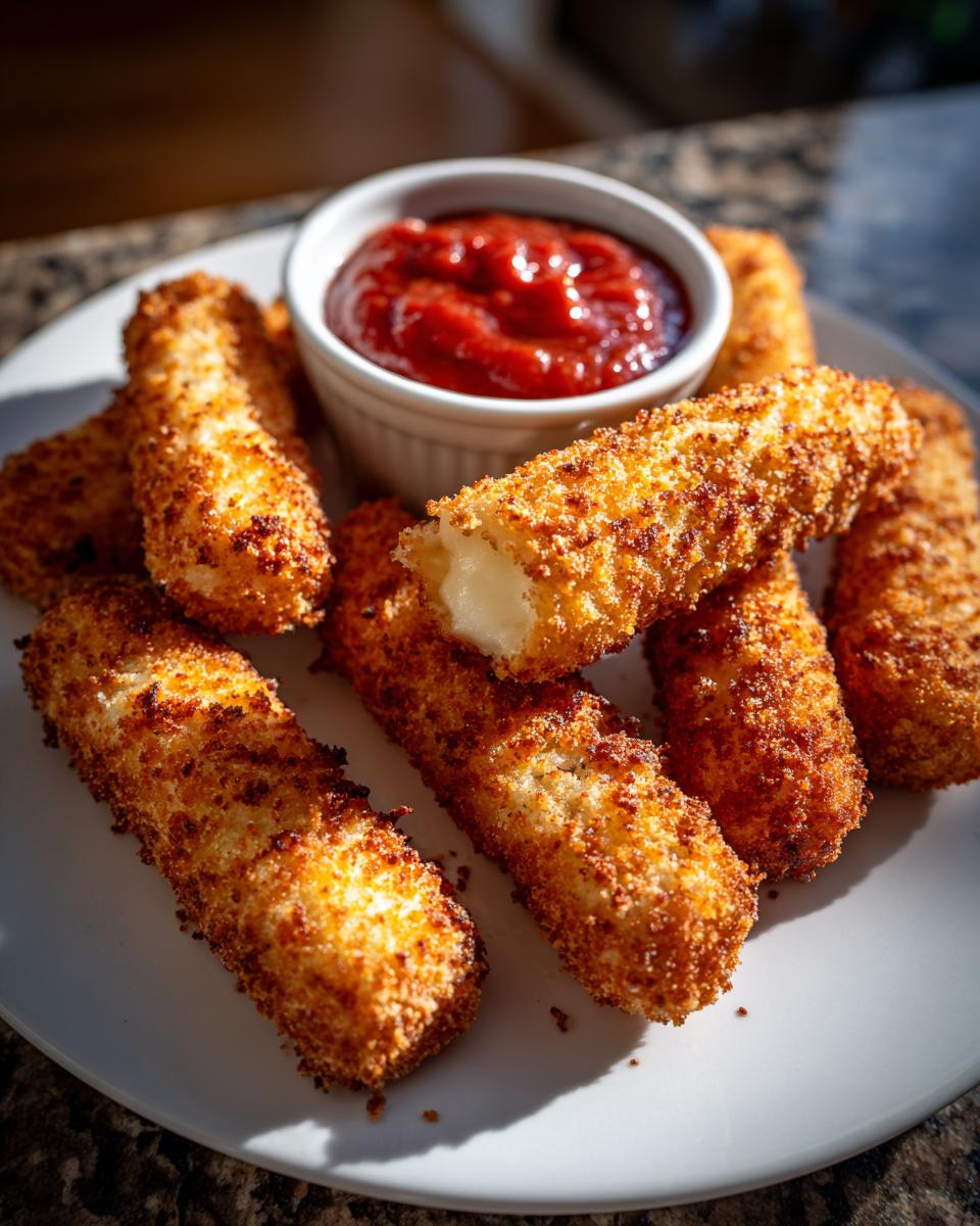 Golden brown, crispy air fryer mozzarella sticks served with a side of marinara sauce.