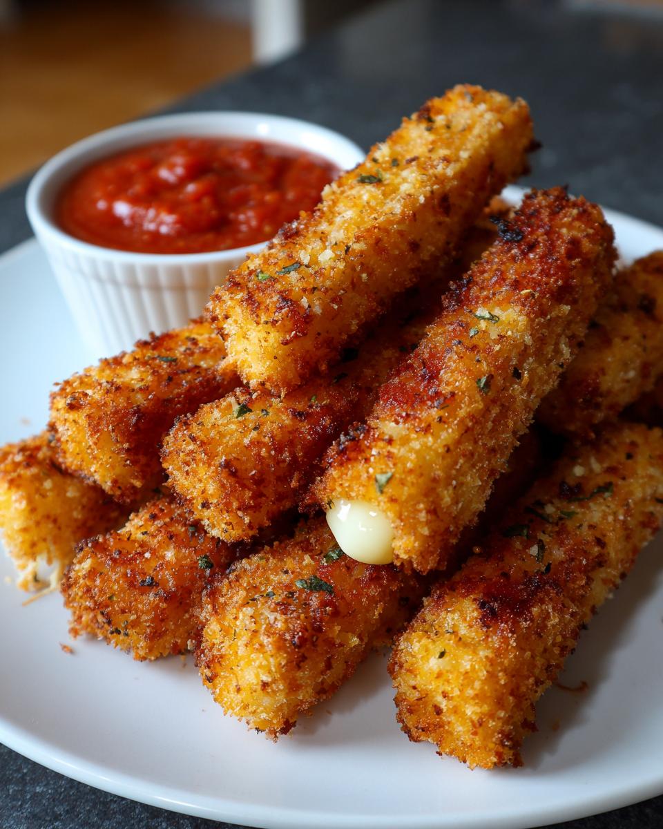 A pile of golden brown, crispy air fryer mozzarella sticks served with a side of marinara sauce.