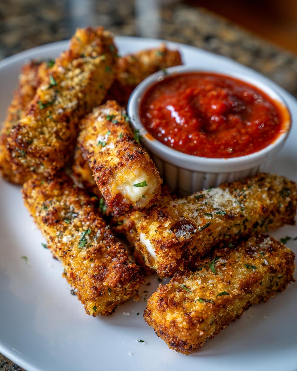 Golden brown, crispy air fryer mozzarella sticks served with a side of marinara sauce.