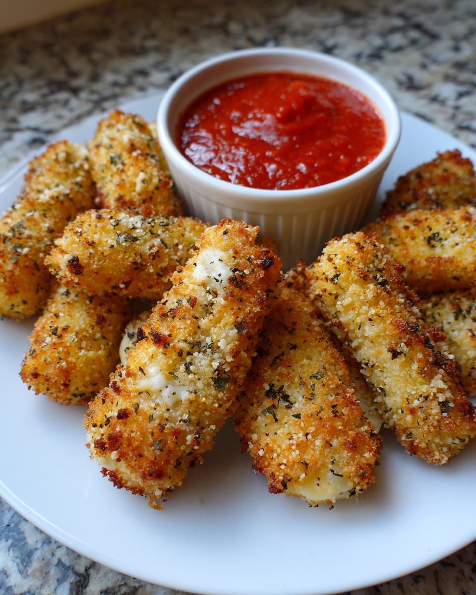 A plate of golden-brown air fryer mozzarella sticks served with a side of marinara sauce.