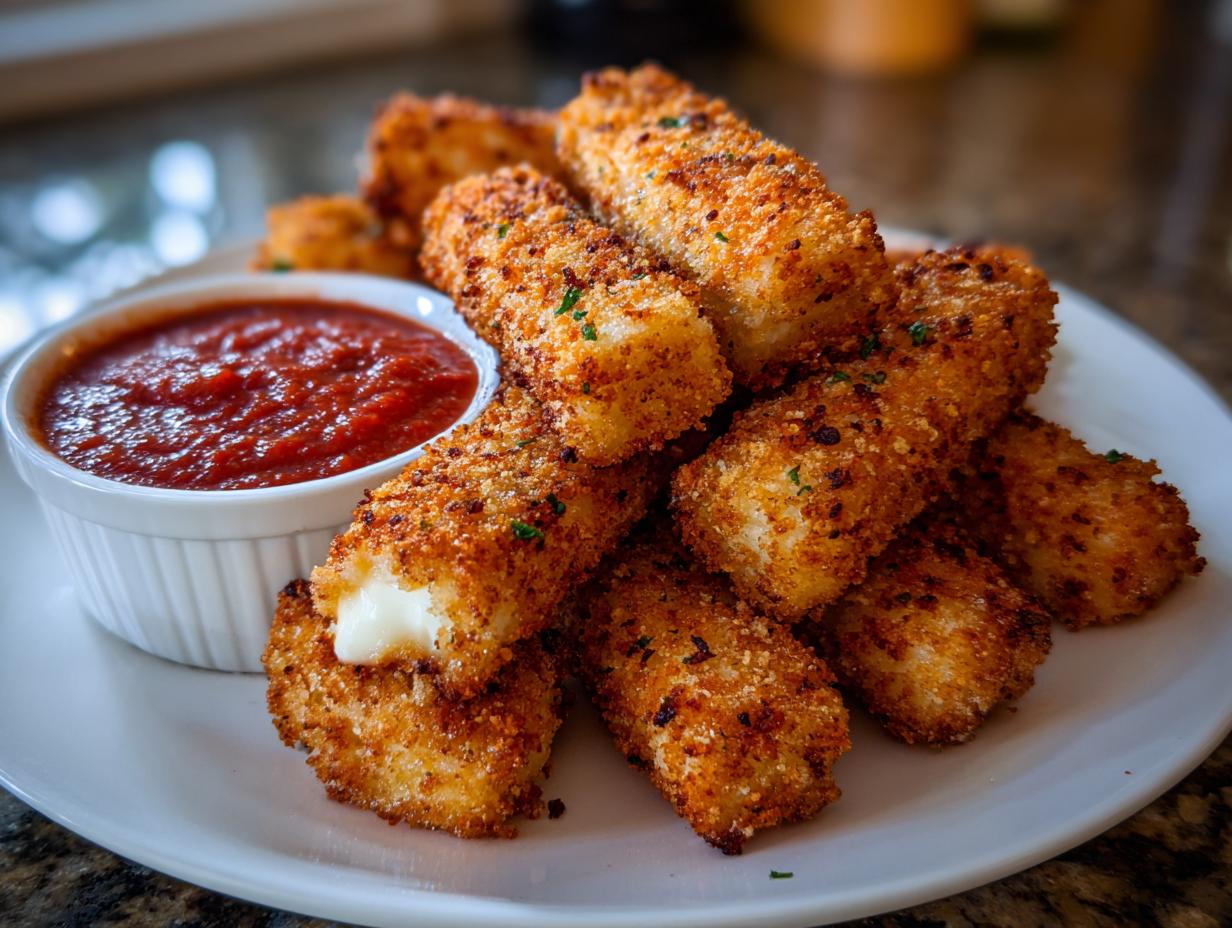 Golden brown and crispy air fryer mozzarella sticks served with a side of marinara sauce.