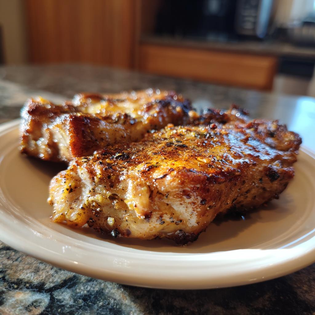 Close-up of two juicy pork chops seasoned with spices, cooked to perfection in an air fryer.