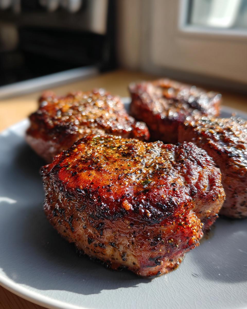 Close-up of four juicy air fryer pork chops seasoned and cooked to perfection on a gray plate.