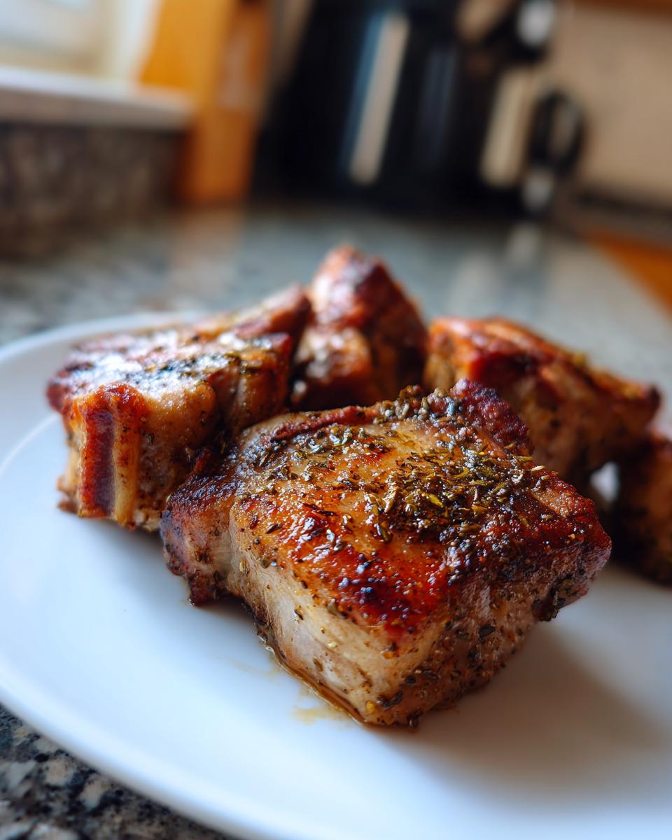 A close-up of several juicy air fryer pork chops seasoned with herbs on a white plate.