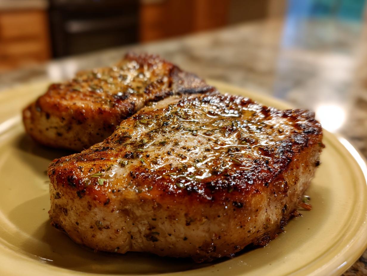 Two perfectly cooked, juicy pork chops seasoned with herbs, prepared using air fryer recipes.