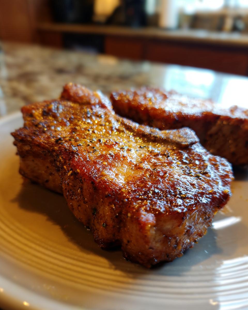 Close-up of two perfectly cooked, juicy pork chops seasoned with spices, made using air fryer recipes.