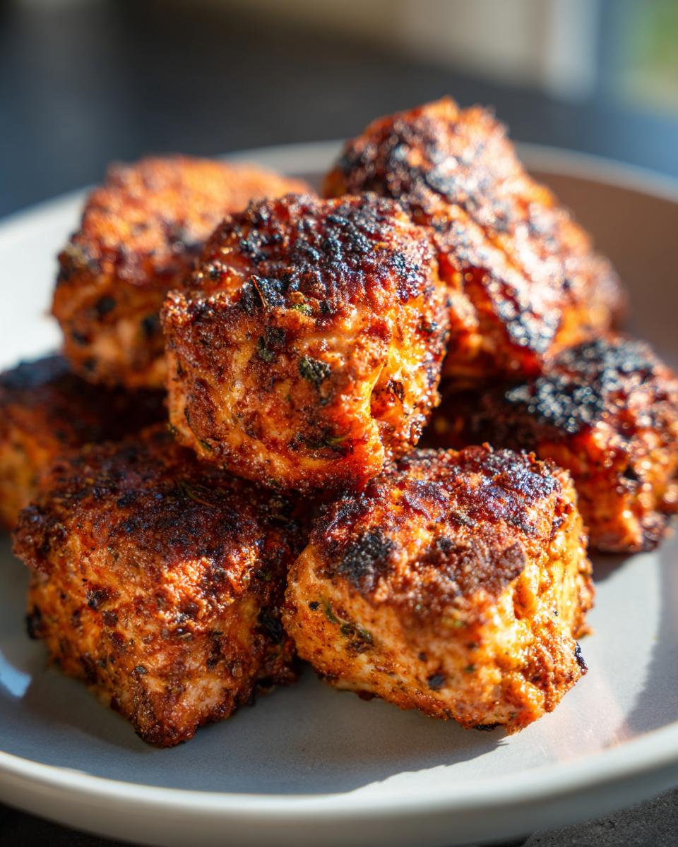 A pile of golden-brown air fryer salmon bites seasoned with herbs, perfect for fast protein dinners.