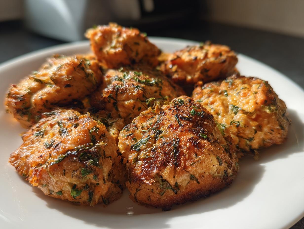 Close-up of golden-brown air fryer salmon bites seasoned with herbs on a white plate.