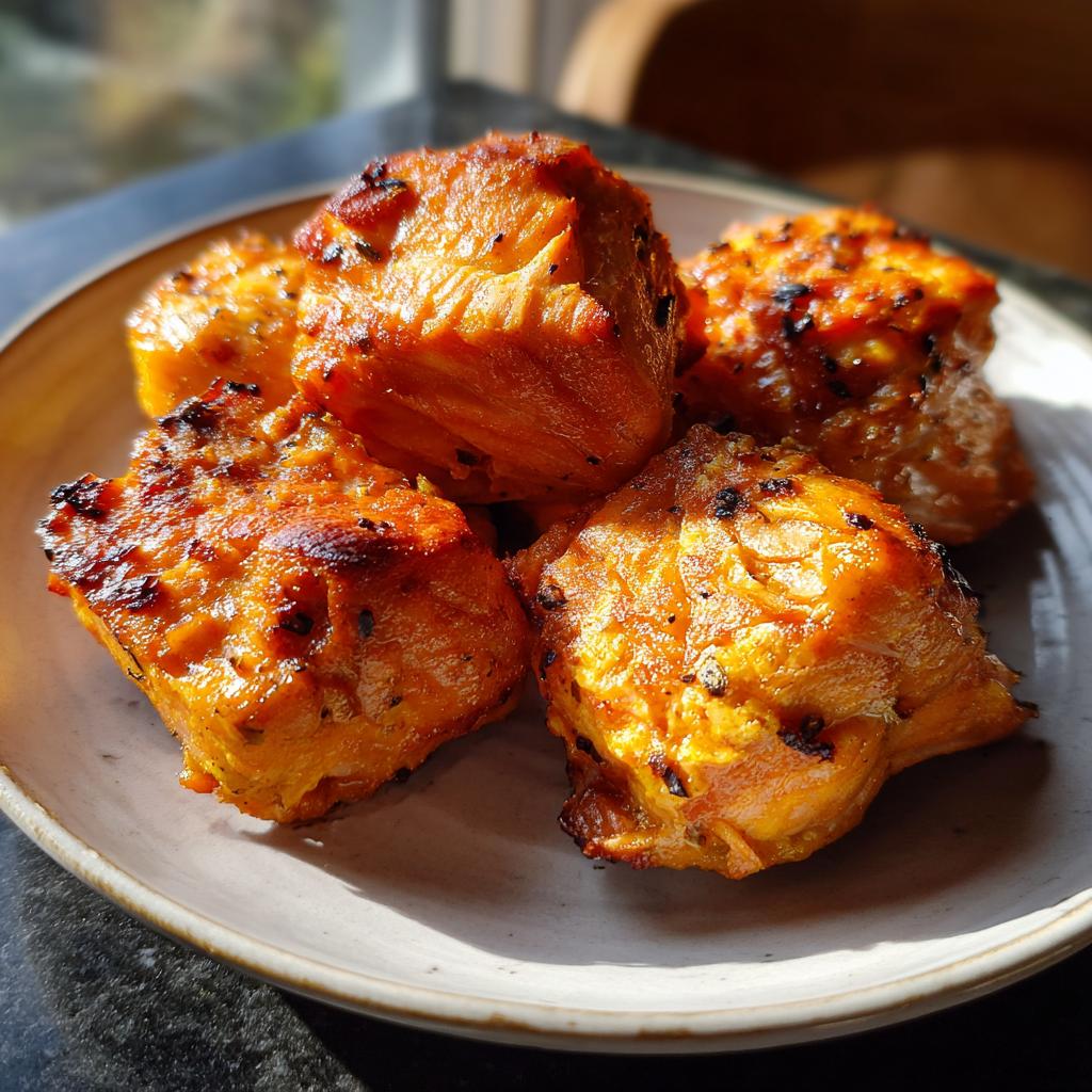 Close-up of golden-brown air fryer salmon bites seasoned with herbs, perfect for fast protein dinners.