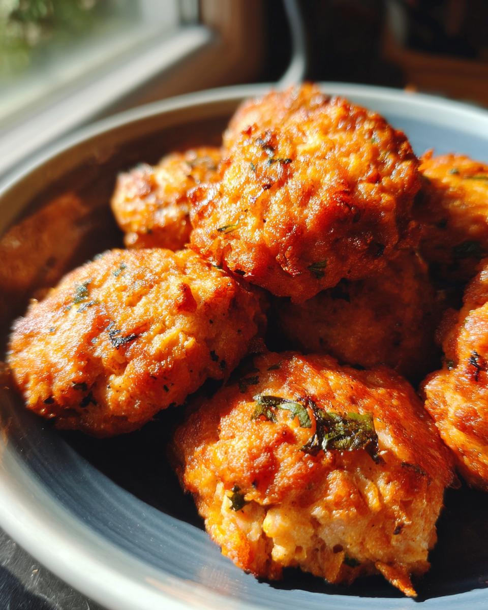 Close-up of golden-brown air fryer salmon bites in a bowl, seasoned with herbs.