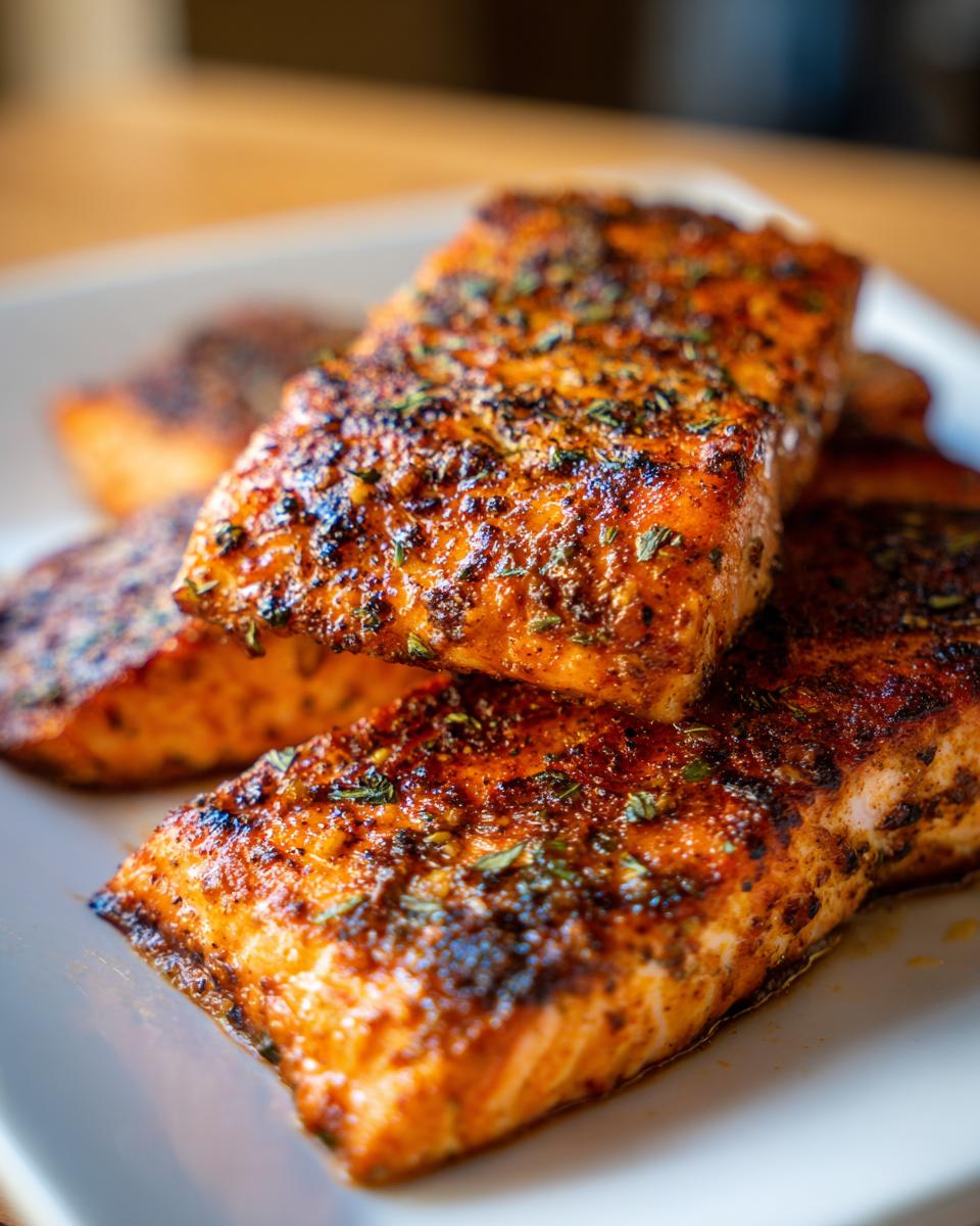 Close-up of seasoned air fryer salmon bites stacked on a white plate, ready for a fast protein dinner.