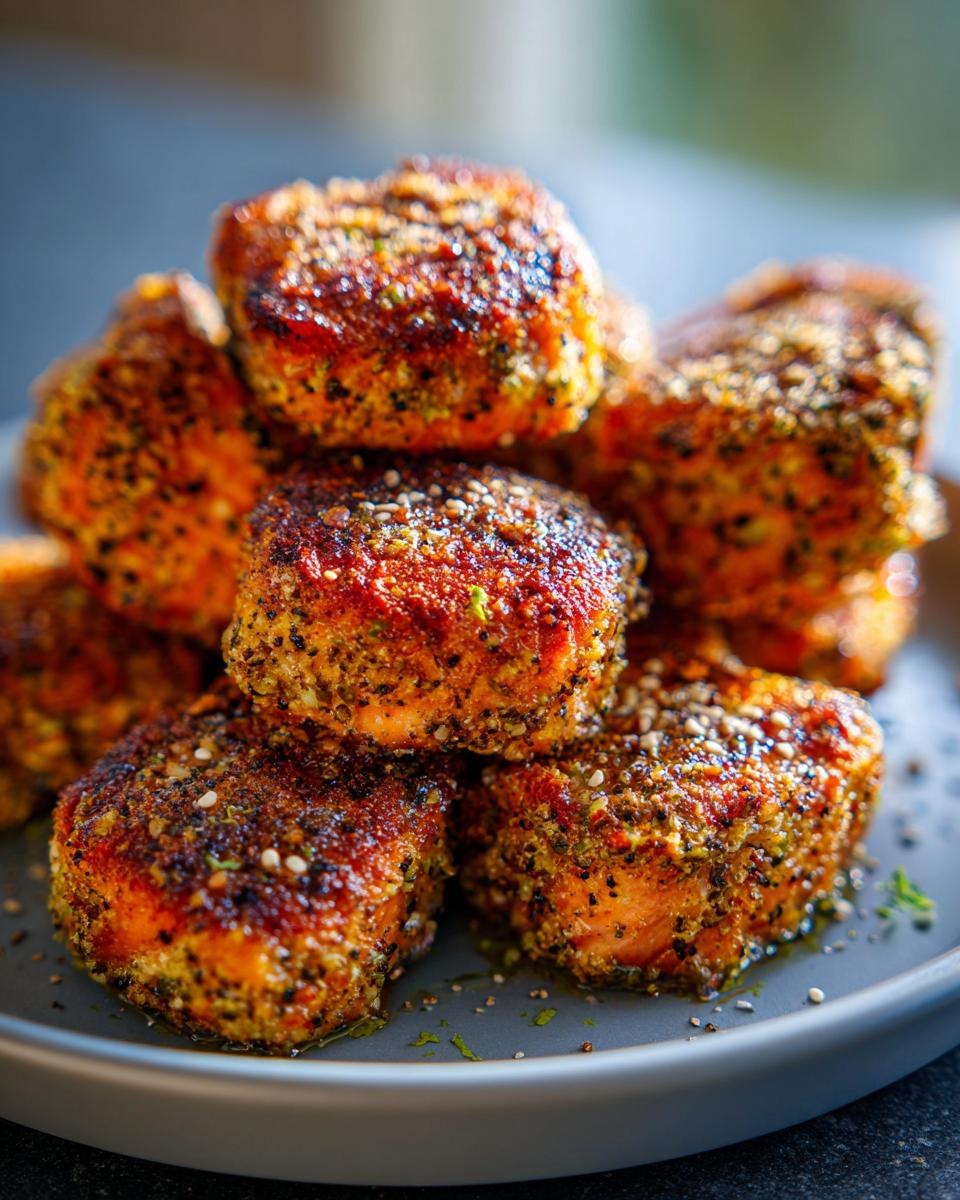 A close-up shot of a stack of golden-brown air fryer salmon bites seasoned with herbs and spices.