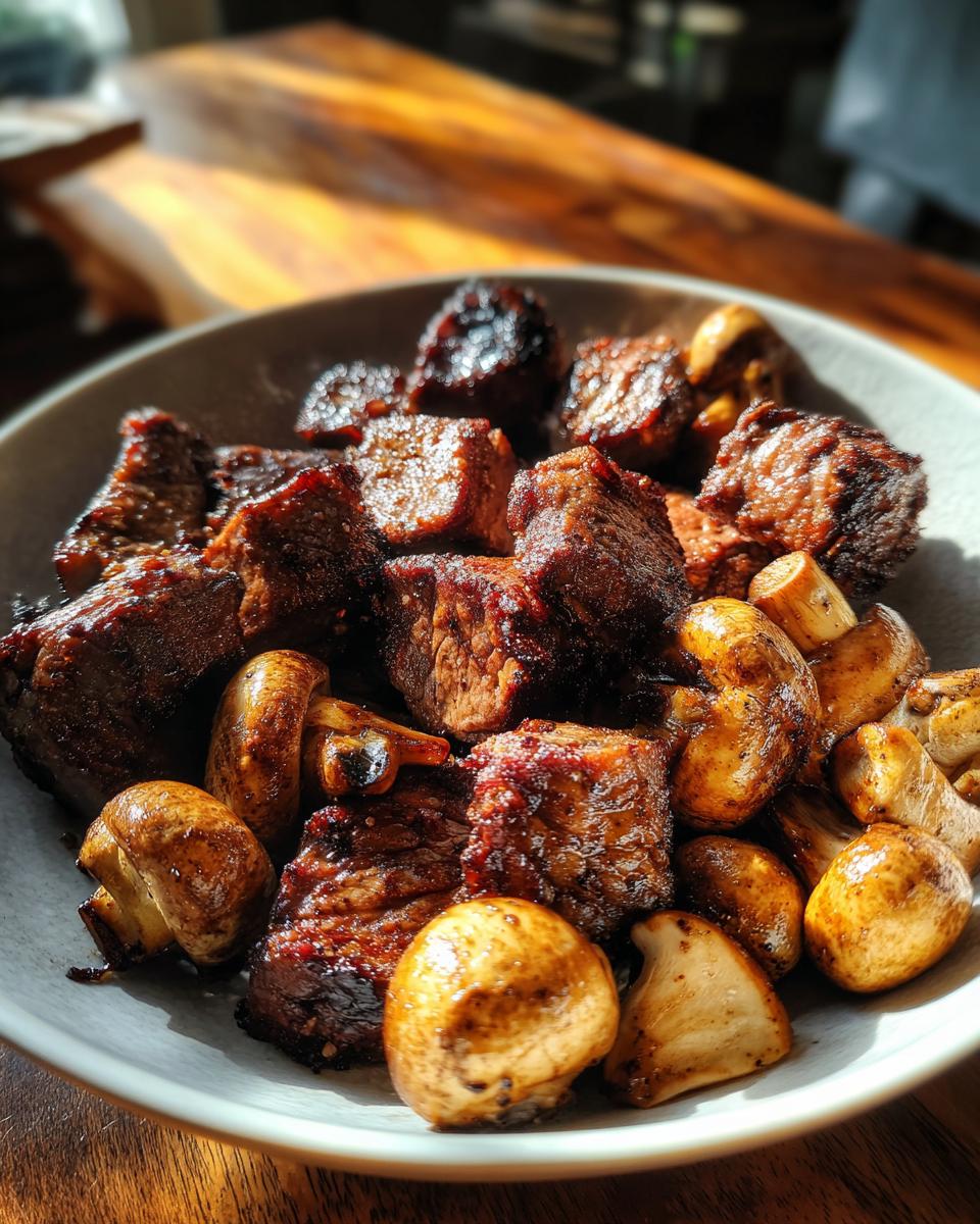 A close-up of juicy air fryer steak bites and mushrooms served in a bowl, perfect for air fryer recipes.