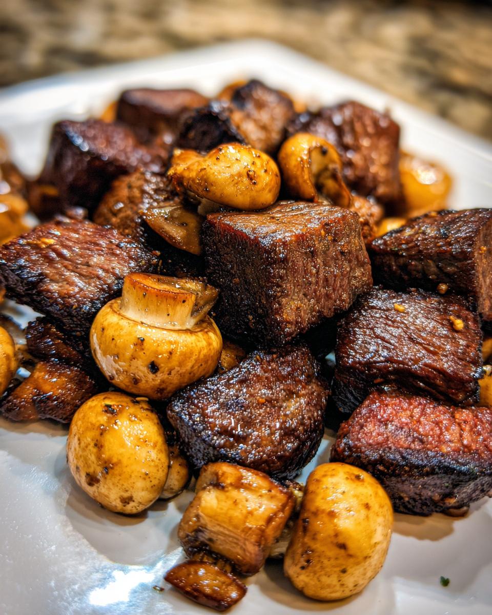 Close-up of juicy air fryer steak bites and golden brown mushrooms seasoned and ready to eat.
