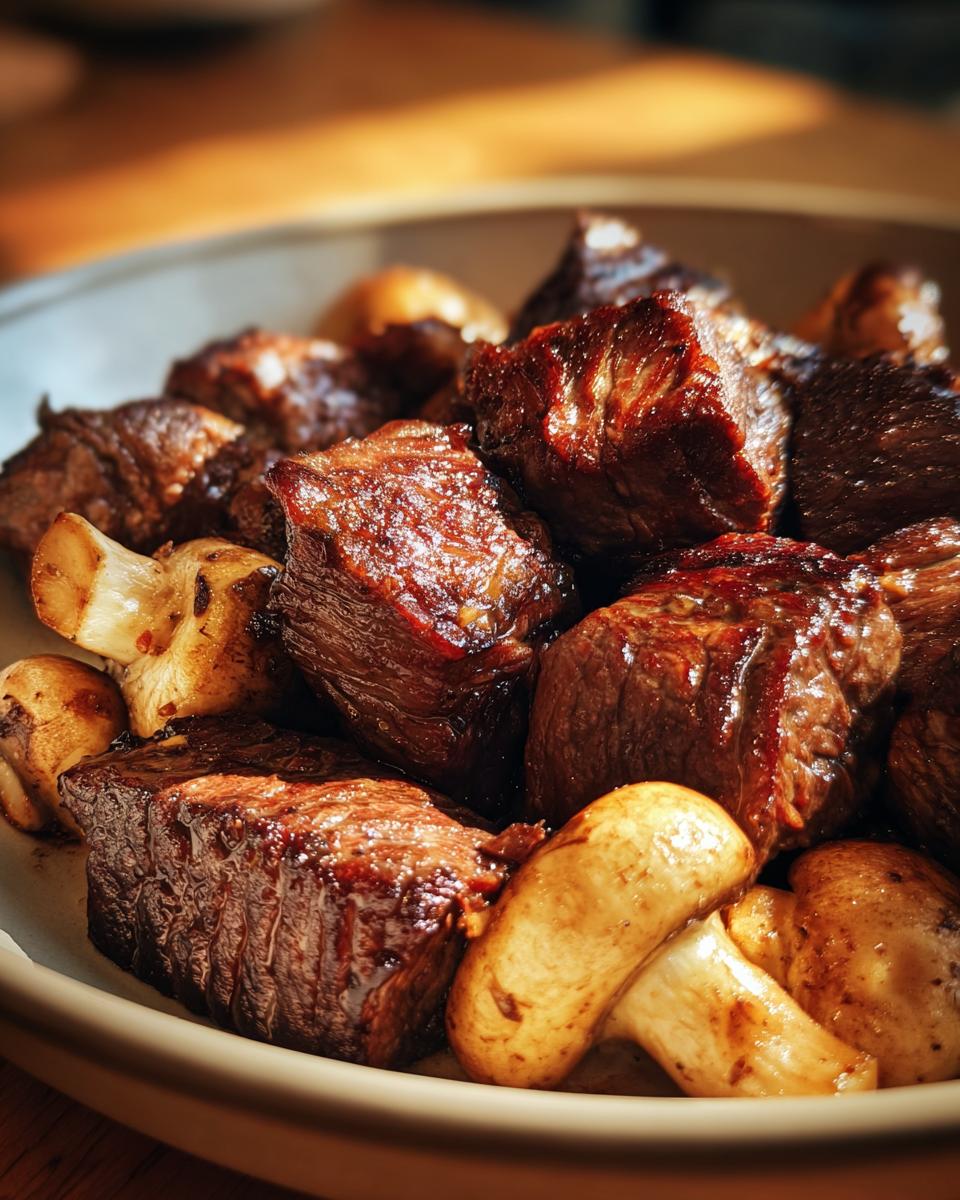 Close-up of juicy air fryer steak bites and mushrooms in a bowl, perfect for air fryer recipes.