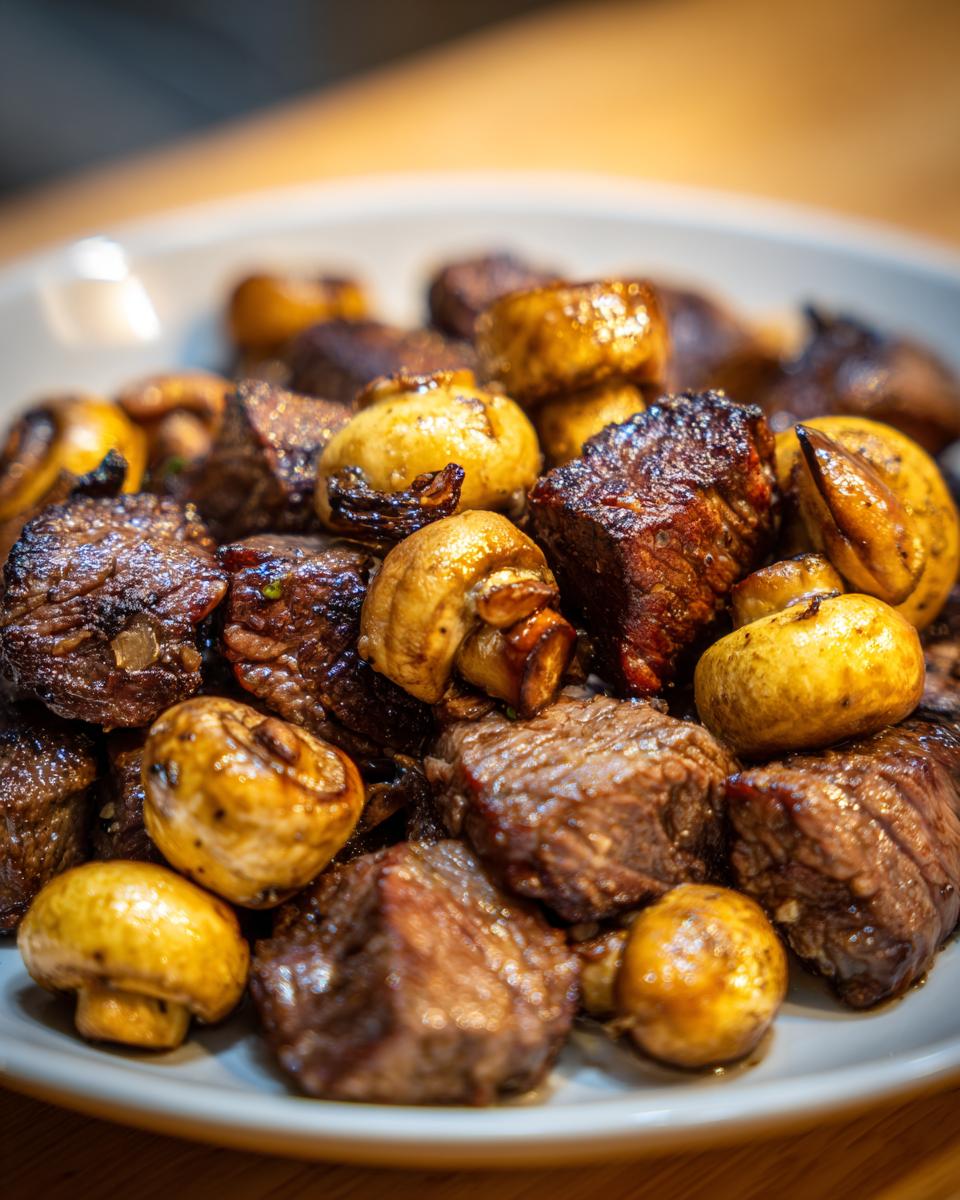 Close-up of air fryer steak bites and mushrooms in a white bowl, showcasing perfectly cooked steak cubes and golden brown mushrooms.