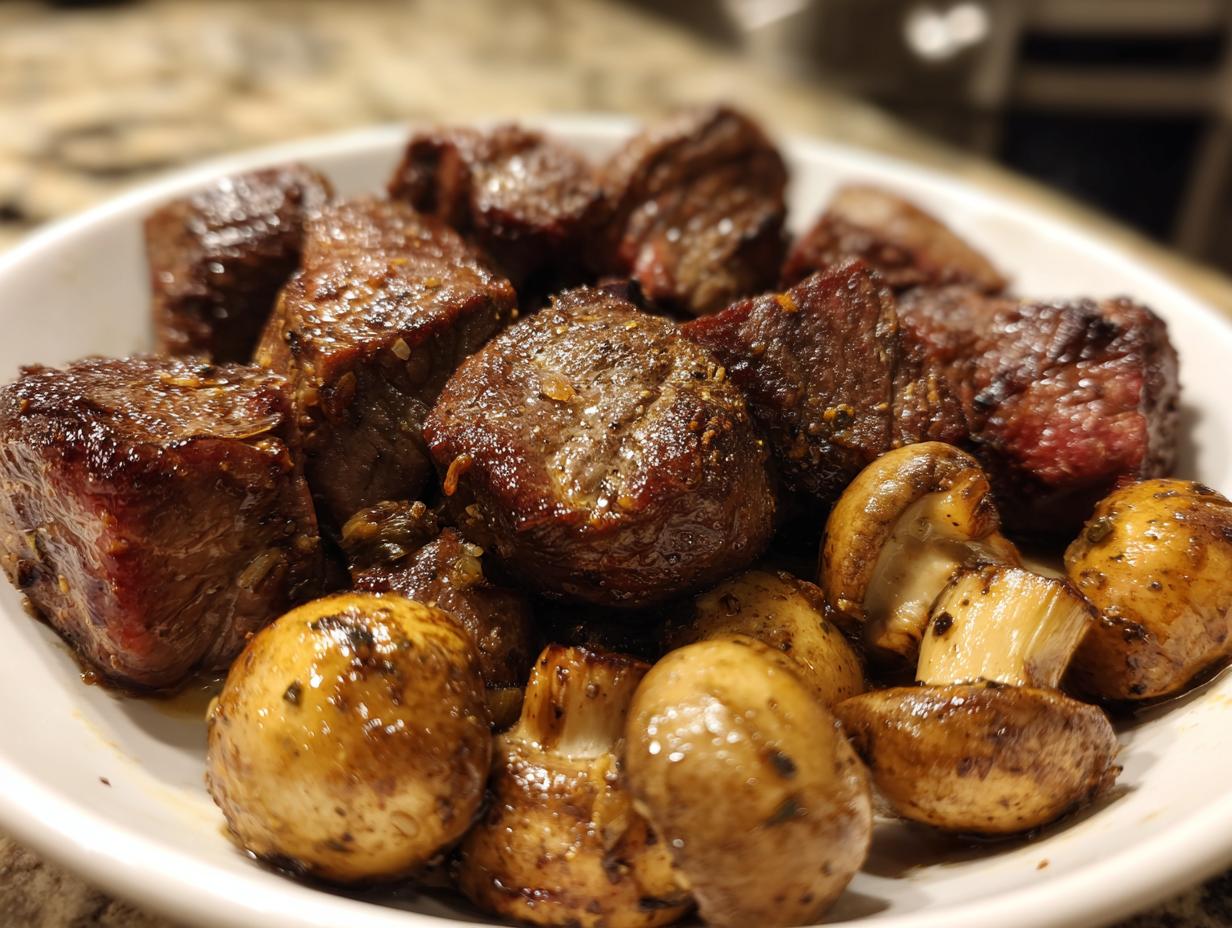 Close-up of juicy air fryer steak bites and seasoned mushrooms in a white bowl.