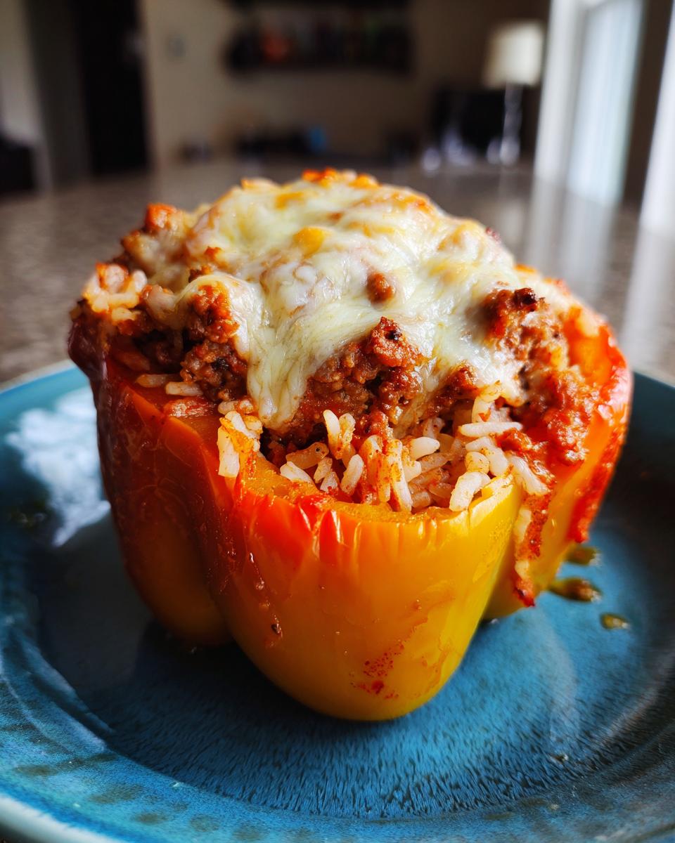 A single air fryer stuffed pepper filled with seasoned ground meat and rice, topped with melted cheese, served on a blue plate.
